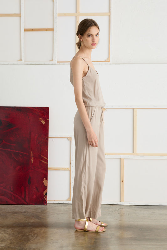 Jumpsuit Dress in Cupro and Viscose with Thin Straps - Side