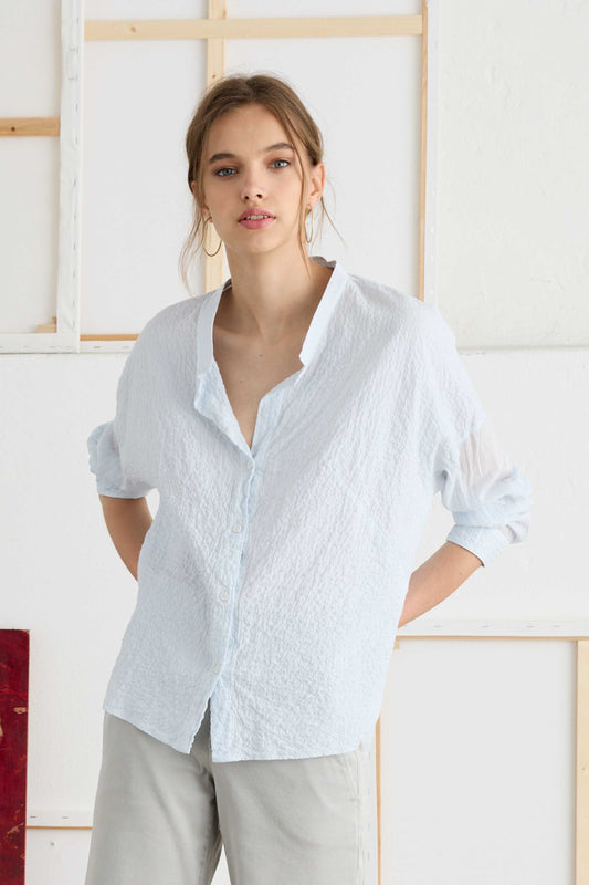 Stretch Cotton Poplin Shirt with a Mandarin Collar - Front