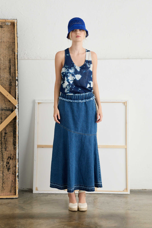 Denim Skirt Asymmetric Cut Comfort Waist - Fit