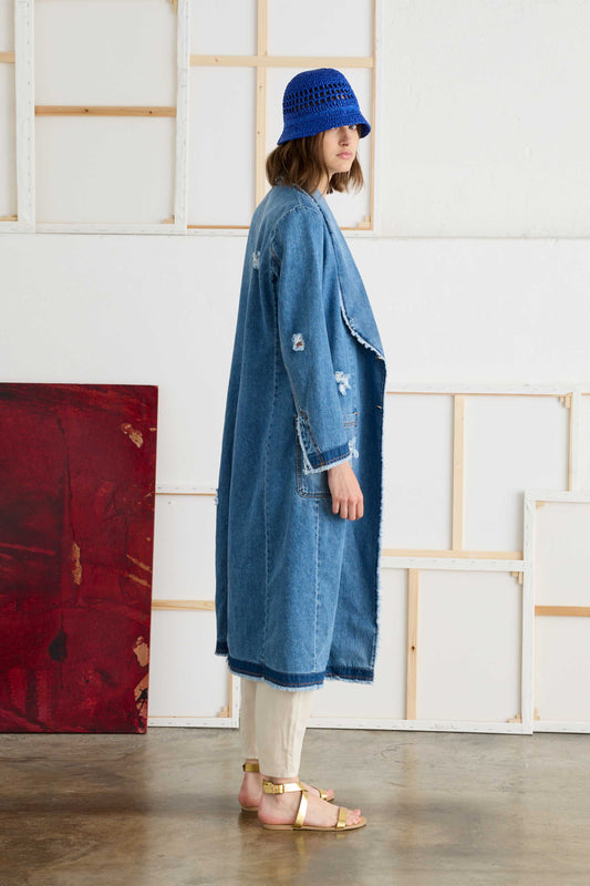 Denim Outerwear Rever Collar and Fringed Edges - Side